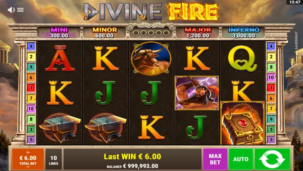Divine Fire base game screenshot showing reels and features