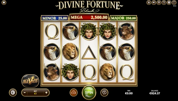 Divine Fortune Black base game screenshot showing reels and features
