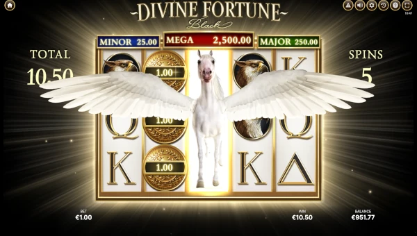 Screenshot of Divine Fortune Black slot demo showing reels and bonus game features