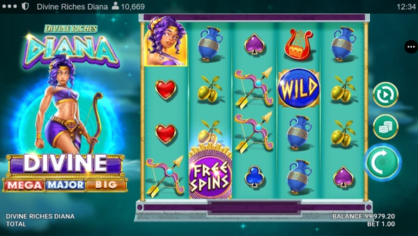 Divine Riches Diana base game screenshot showing reels and features