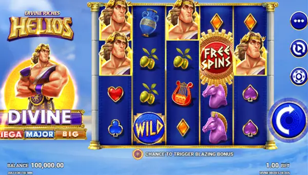 Divine Riches Helios base game screenshot showing reels and features