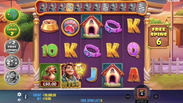 Screenshot of Dog Pound slot demo showing reels and bonus game features