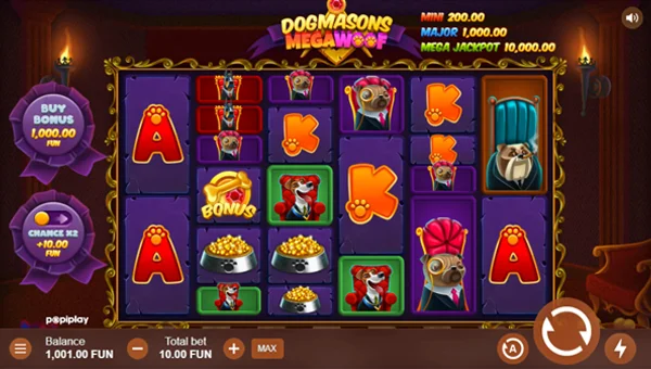 Dogmasons MegaWOOF base game screenshot showing reels and features