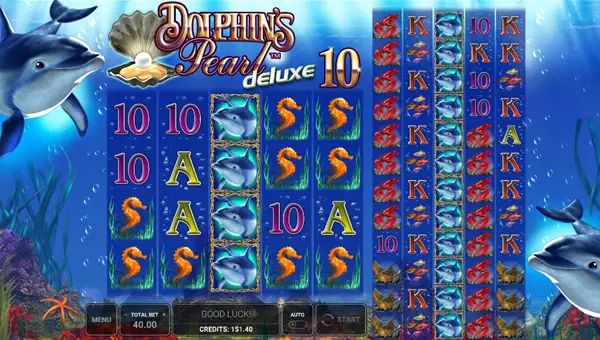 Dolphins Pearl Deluxe 10 base game screenshot showing reels and features
