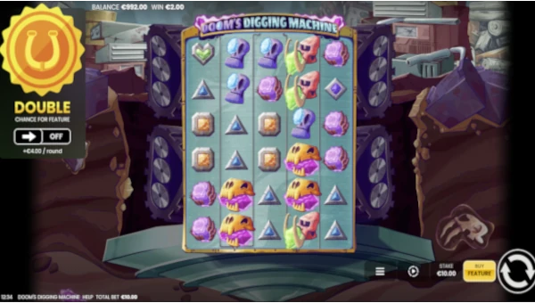 Dooms Digging Machine base game screenshot showing reels and features