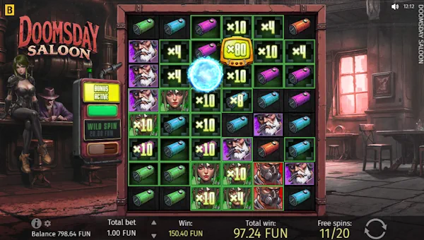 Screenshot of Doomsday Saloon slot demo showing reels and bonus game features