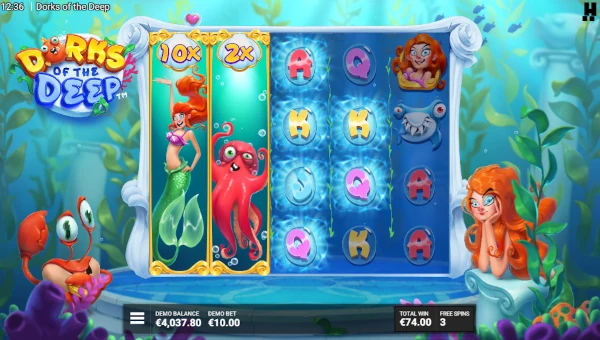 Screenshot of Dorks of the Deep slot demo showing reels and bonus game features