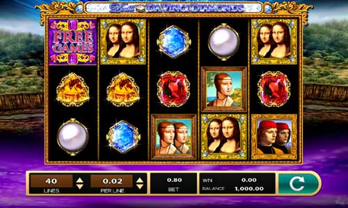 Double Da Vinci Diamonds base game screenshot showing reels and features