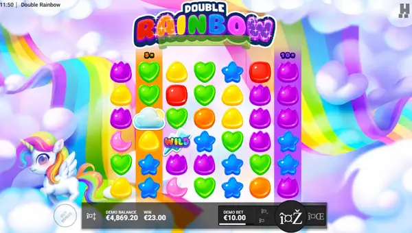 Double Rainbow base game screenshot showing reels and features