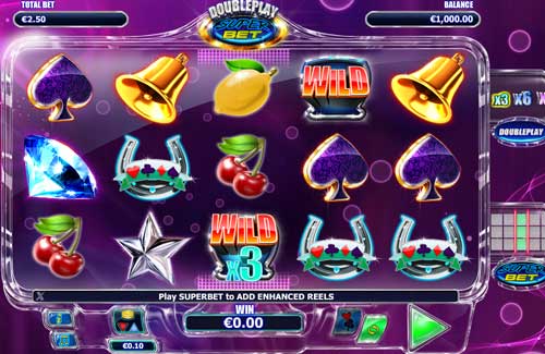 Doubleplay Super Bet base game screenshot showing reels and features