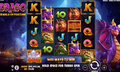 Drago Jewels of Fortune base game screenshot showing reels and features