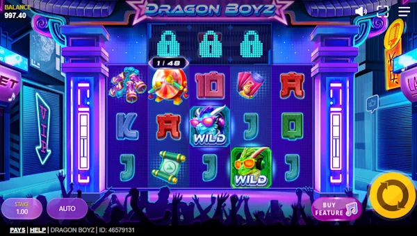 Dragon Boyz base game screenshot showing reels and features