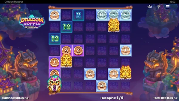 Screenshot of Dragon Hopper slot demo showing reels and bonus game features