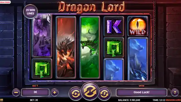 Dragon Lord base game screenshot showing reels and features