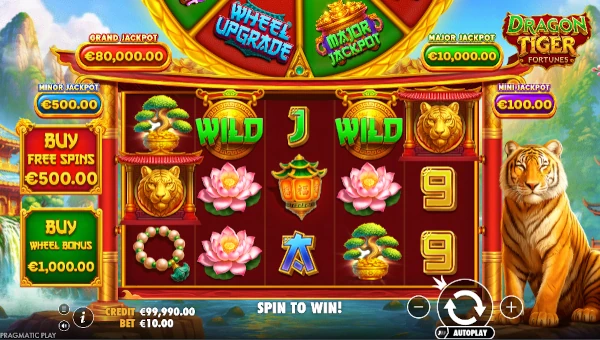 Dragon Tiger Fortunes base game screenshot showing reels and features