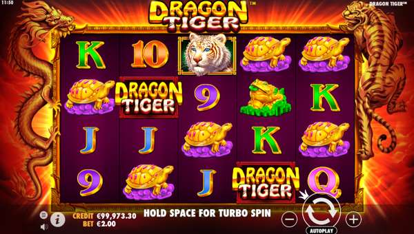 Dragon Tiger base game screenshot showing reels and features
