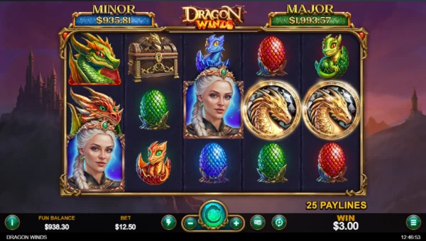 Dragon Winds base game screenshot showing reels and features