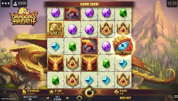 Dragons Breath base game screenshot showing reels and features