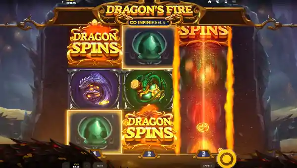 Dragons Fire Infinireels base game screenshot showing reels and features