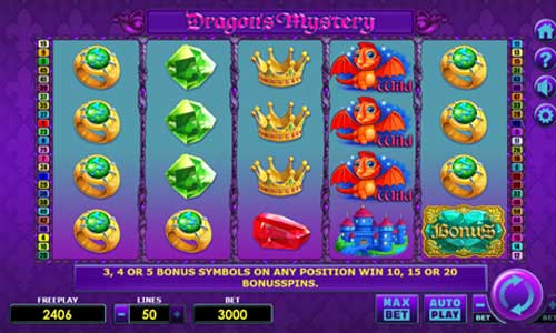 Dragons Mystery base game screenshot showing reels and features