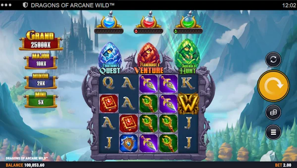 Dragons of Arcane Wild base game screenshot showing reels and features