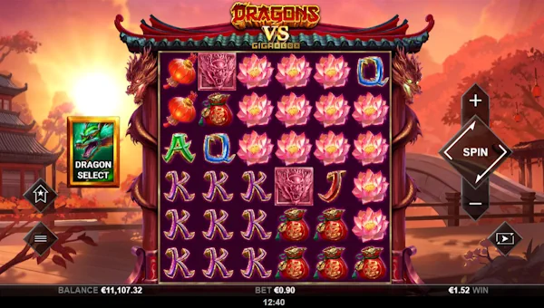 Dragons VS Gigablox base game screenshot showing reels and features