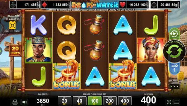 Drops of Water base game screenshot showing reels and features