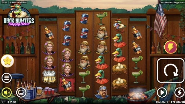Duck Hunters Happy Hour base game screenshot showing reels and features