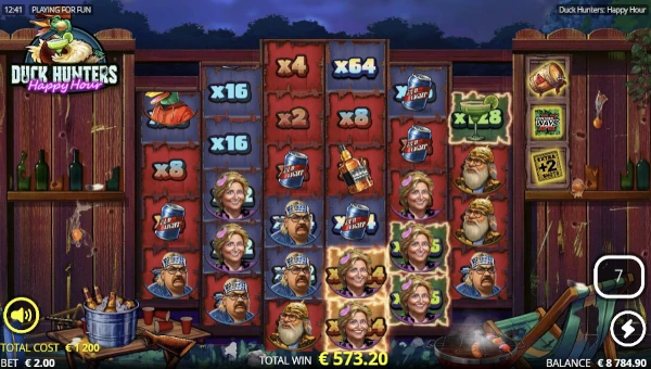 Screenshot of Duck Hunters Happy Hour slot demo showing reels and bonus game features