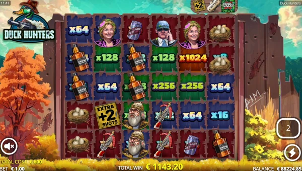 Screenshot of Duck Hunters slot demo showing reels and bonus game features