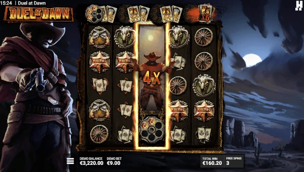 Screenshot of Duel at Dawn slot demo showing reels and bonus game features