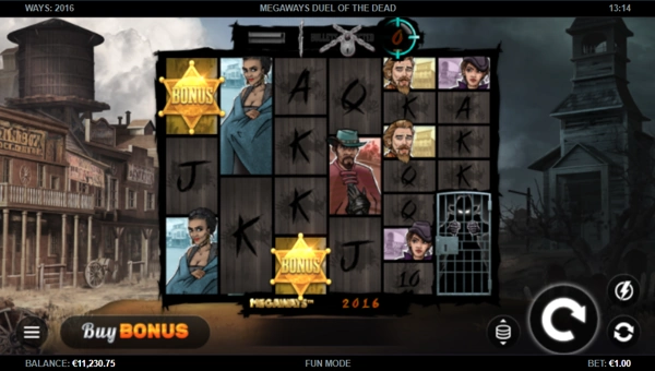 Duel of The Dead Megaways base game screenshot showing reels and features