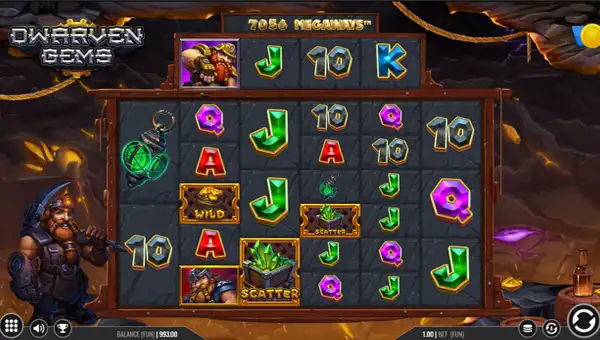 Dwarven Gems Megaways base game screenshot showing reels and features