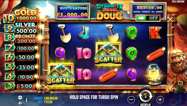 Dynamite Diggin Doug base game screenshot showing reels and features