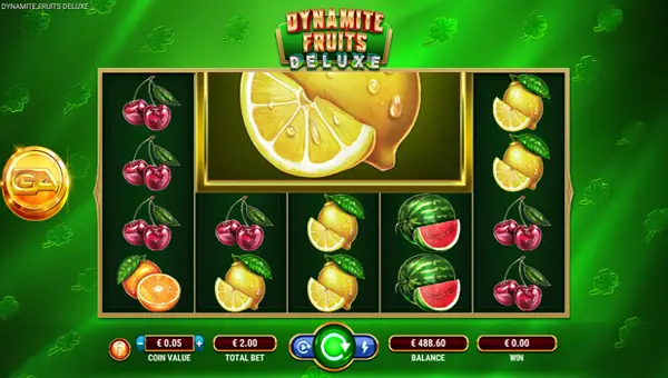 Dynamite Fruits Deluxe base game screenshot showing reels and features