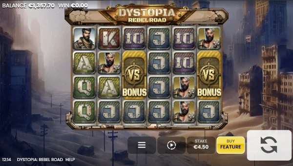Dystopia Rebel Road base game screenshot showing reels and features