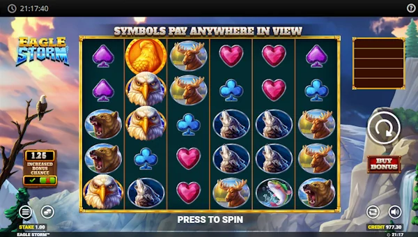 Eagle Storm base game screenshot showing reels and features