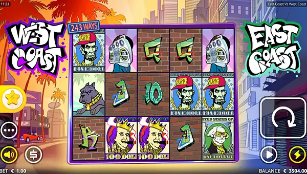 East Coast vs West Coast base game screenshot showing reels and features