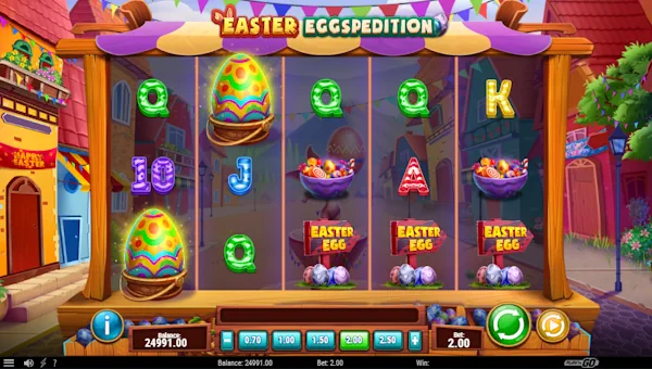 Easter Eggspedition base game screenshot showing reels and features