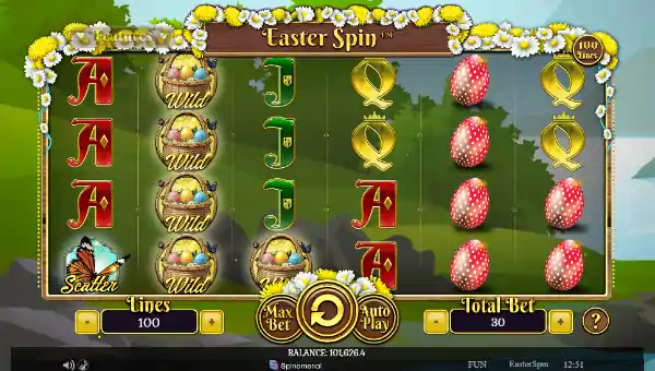 Easter Spin base game screenshot showing reels and features