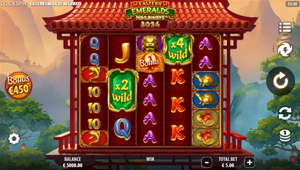 Eastern Emeralds Megaways base game screenshot showing reels and features