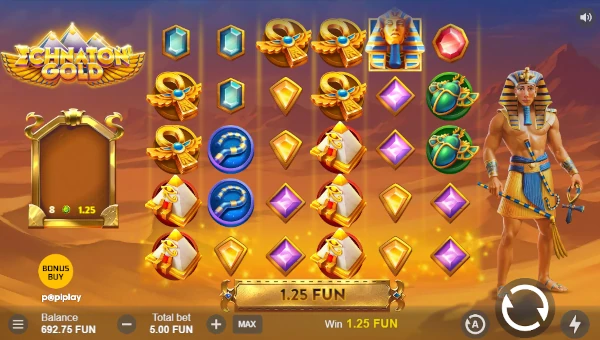 Echnaton Gold base game screenshot showing reels and features