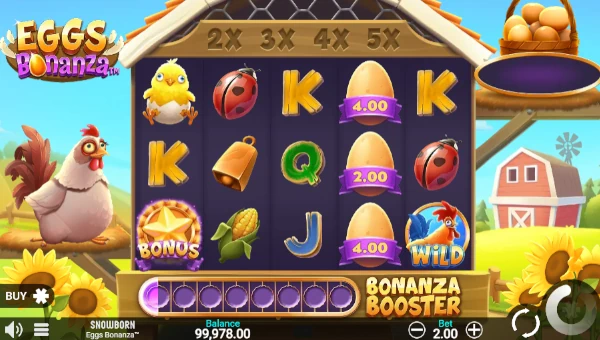 Eggs Bonanza base game screenshot showing reels and features