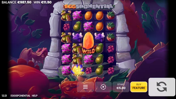 Eggsponential base game screenshot showing reels and features