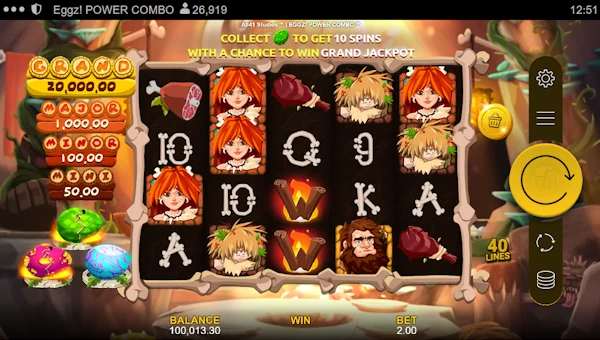 Eggz Power Combo base game screenshot showing reels and features