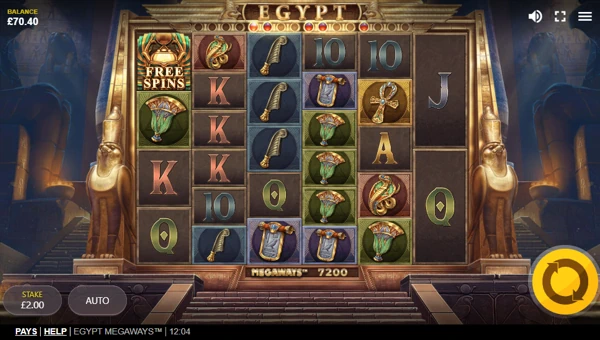 Egypt Megaways base game screenshot showing reels and features