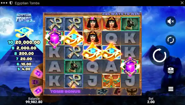 Egyptian Tombs base game screenshot showing reels and features