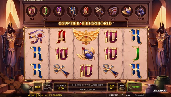 Egyptian Underworld base game screenshot showing reels and features