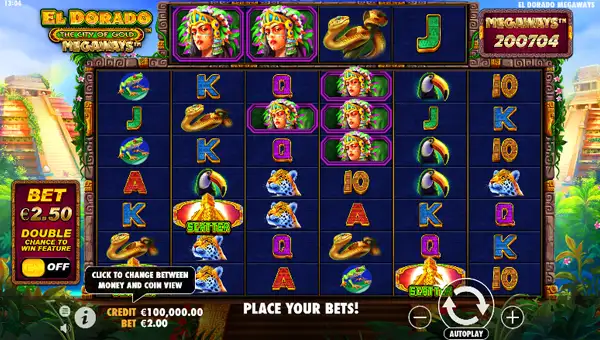 El Dorado The City of Gold Megaways base game screenshot showing reels and features