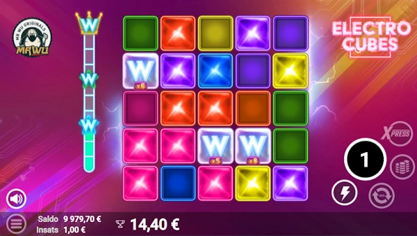 Screenshot of Electro Cubes slot demo showing reels and bonus game features